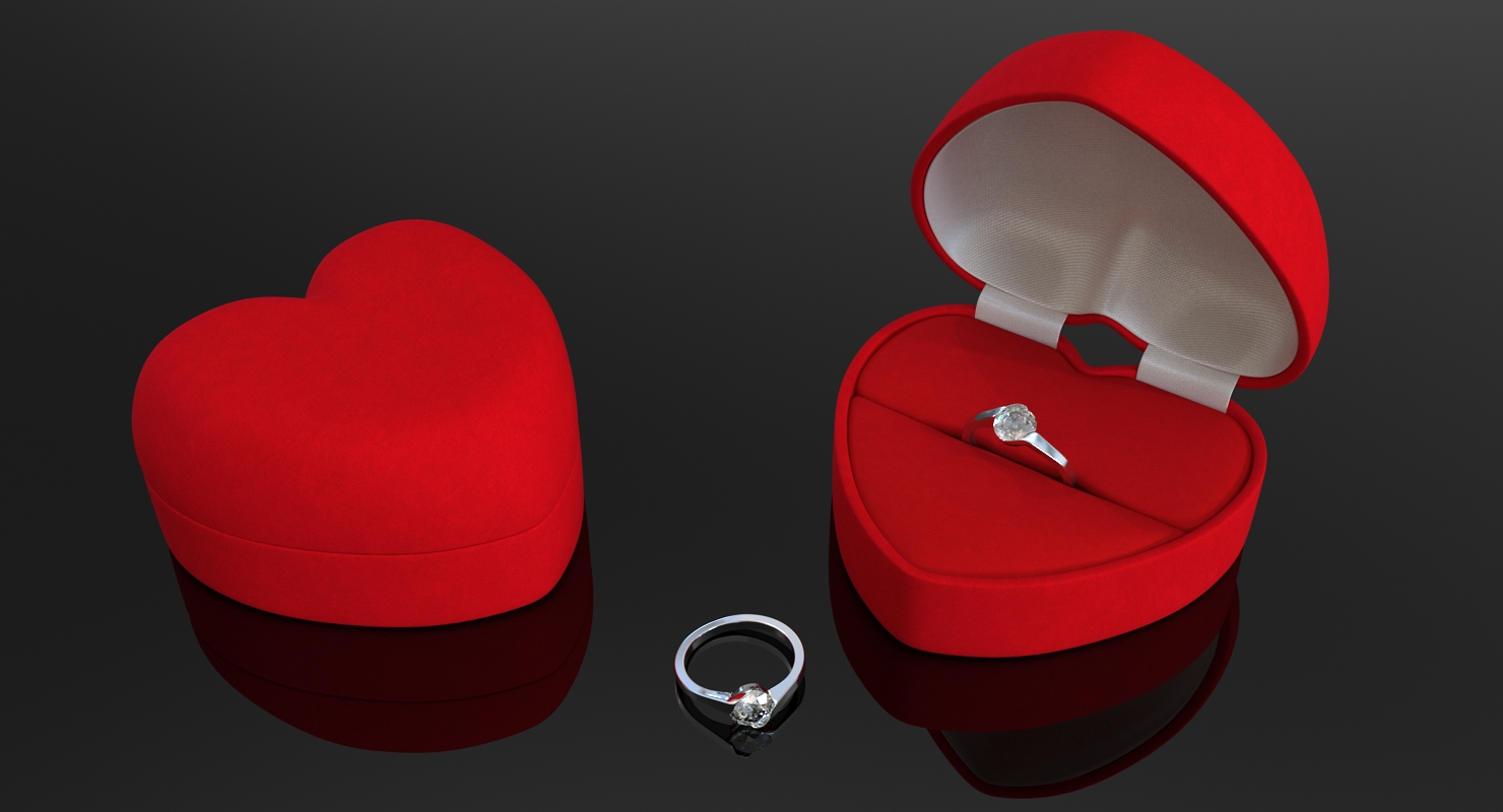 Red Heart Shaped Velvet Ring Gift Box 3D