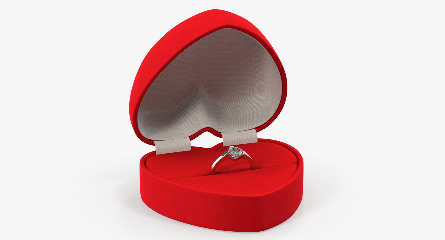 Red Heart Shaped Velvet Ring Gift Box 3D