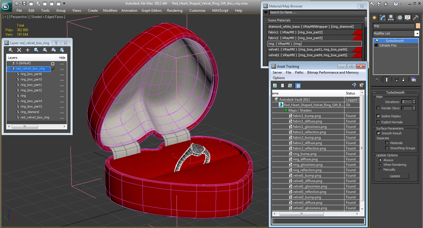 Red Heart Shaped Velvet Ring Gift Box 3D