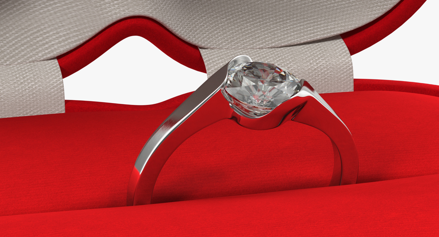 Red Heart Shaped Velvet Ring Gift Box 3D
