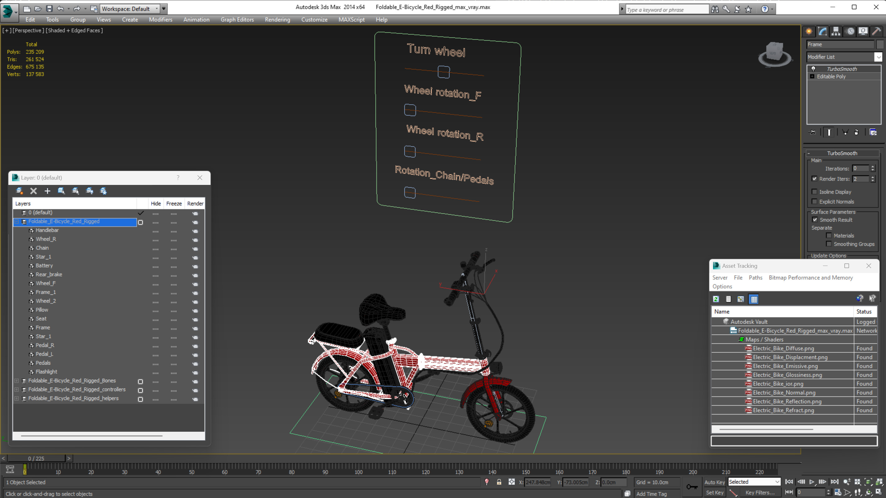 3D Foldable E-Bicycle Red Rigged for Maya model