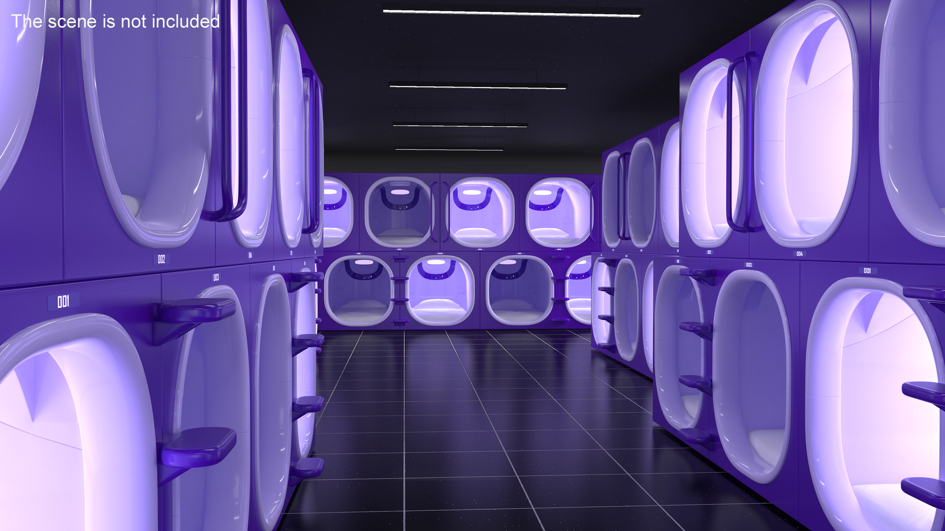 3D Purple Capsule Hotel Rooms