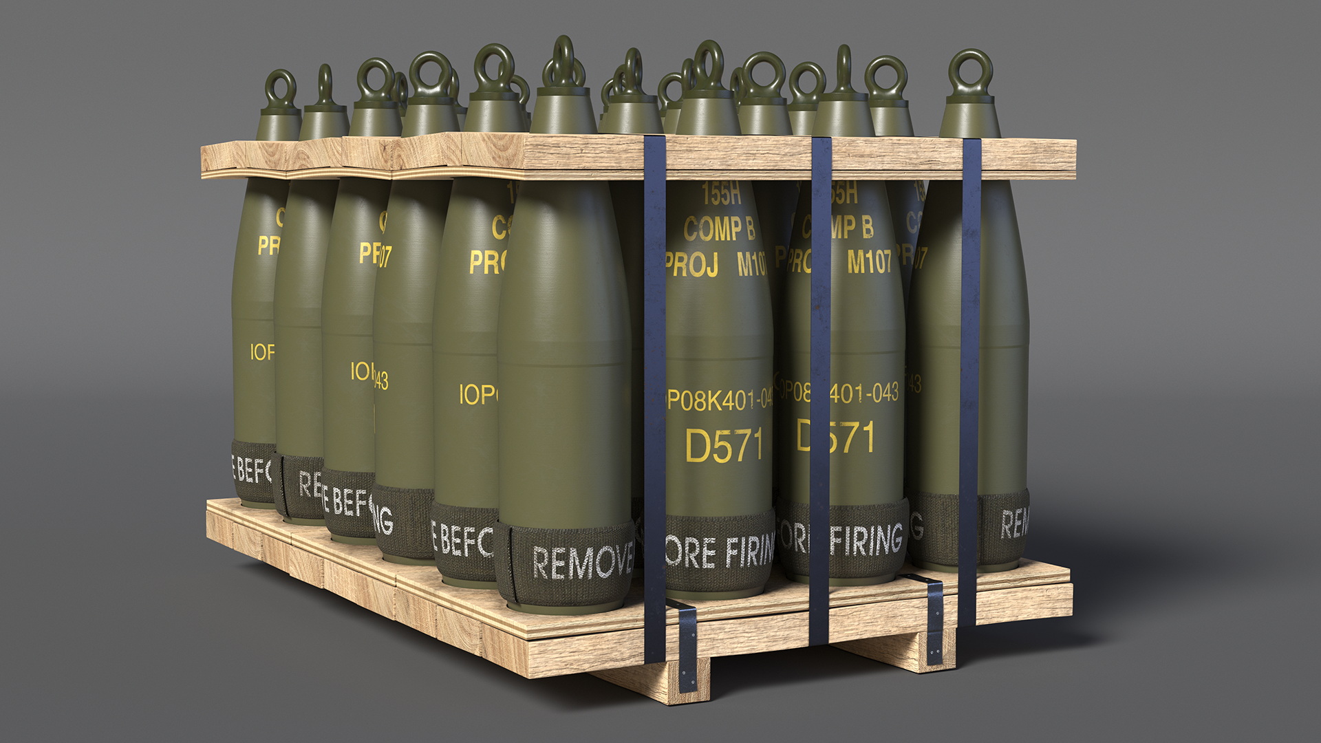 3D Military Mortar Shells 155mm in Two Sided Pallet model