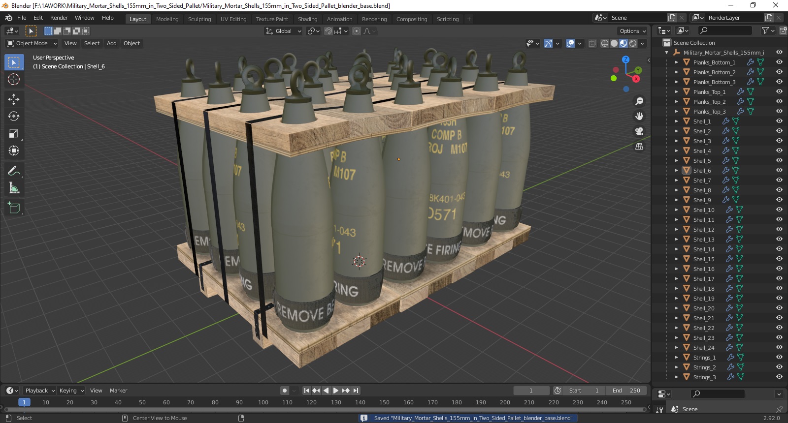 3D Military Mortar Shells 155mm in Two Sided Pallet model