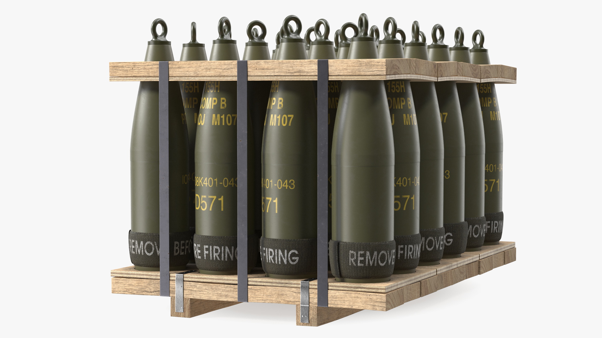 3D Military Mortar Shells 155mm in Two Sided Pallet model