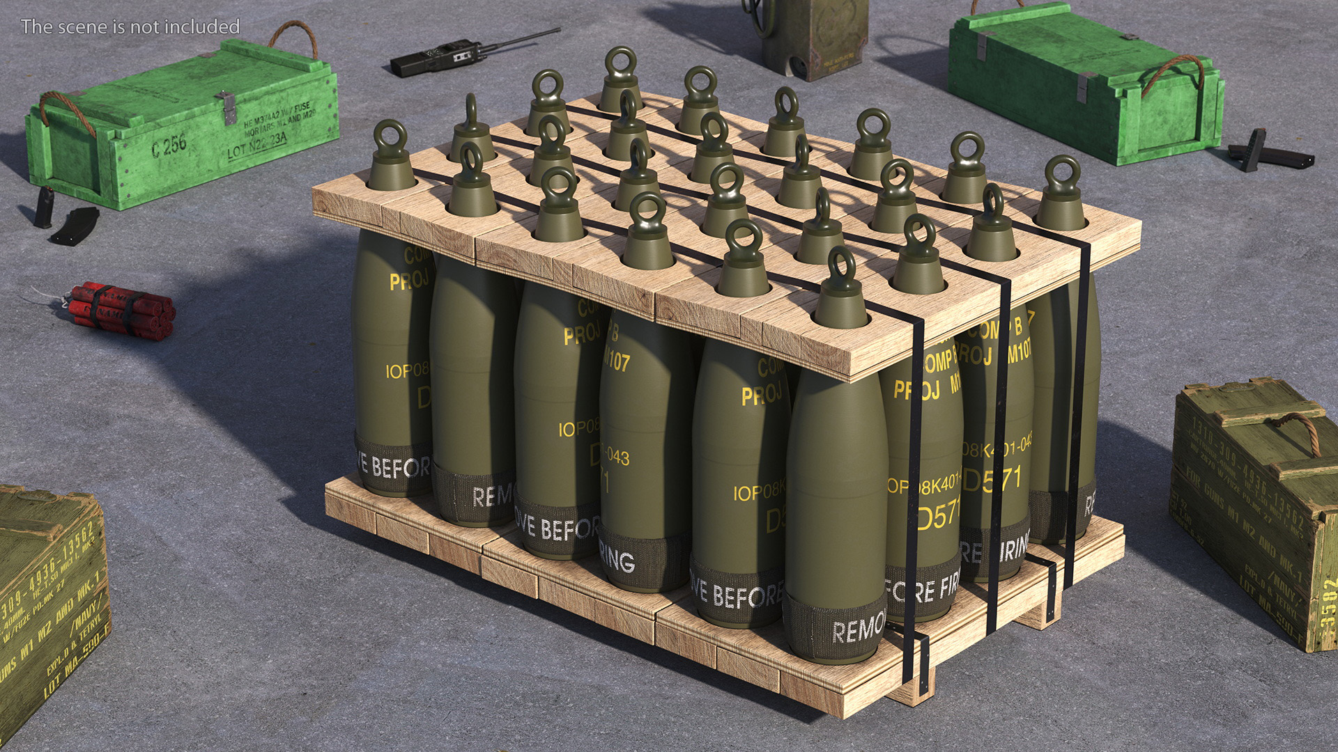 3D Military Mortar Shells 155mm in Two Sided Pallet model