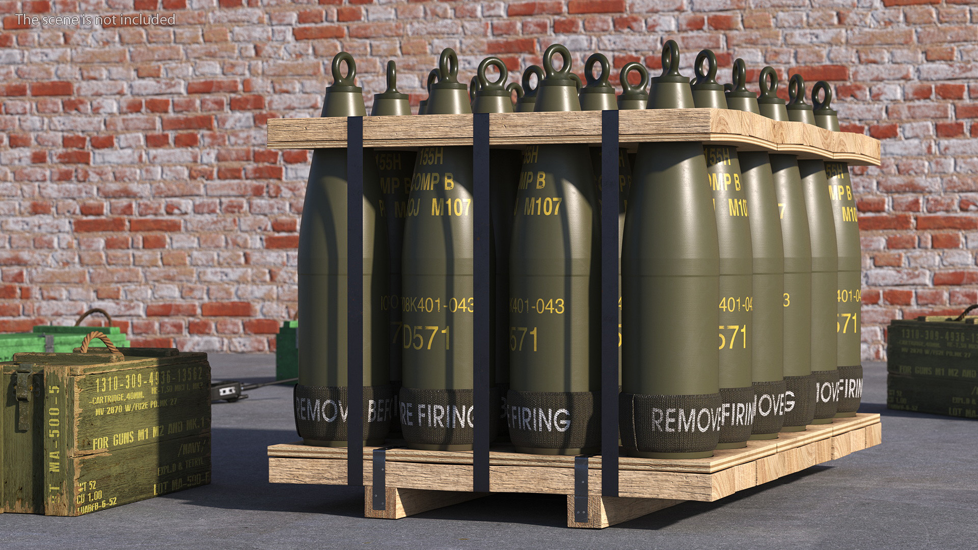 3D Military Mortar Shells 155mm in Two Sided Pallet model