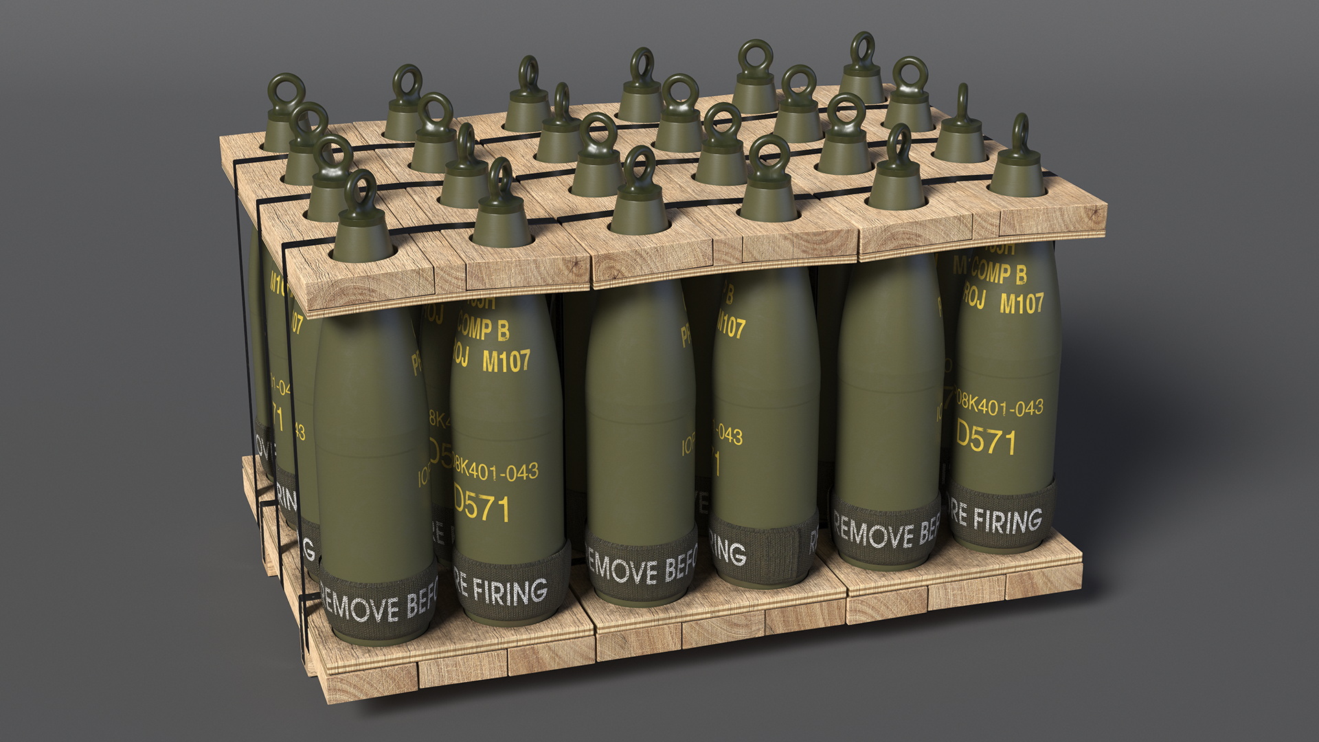 3D Military Mortar Shells 155mm in Two Sided Pallet model