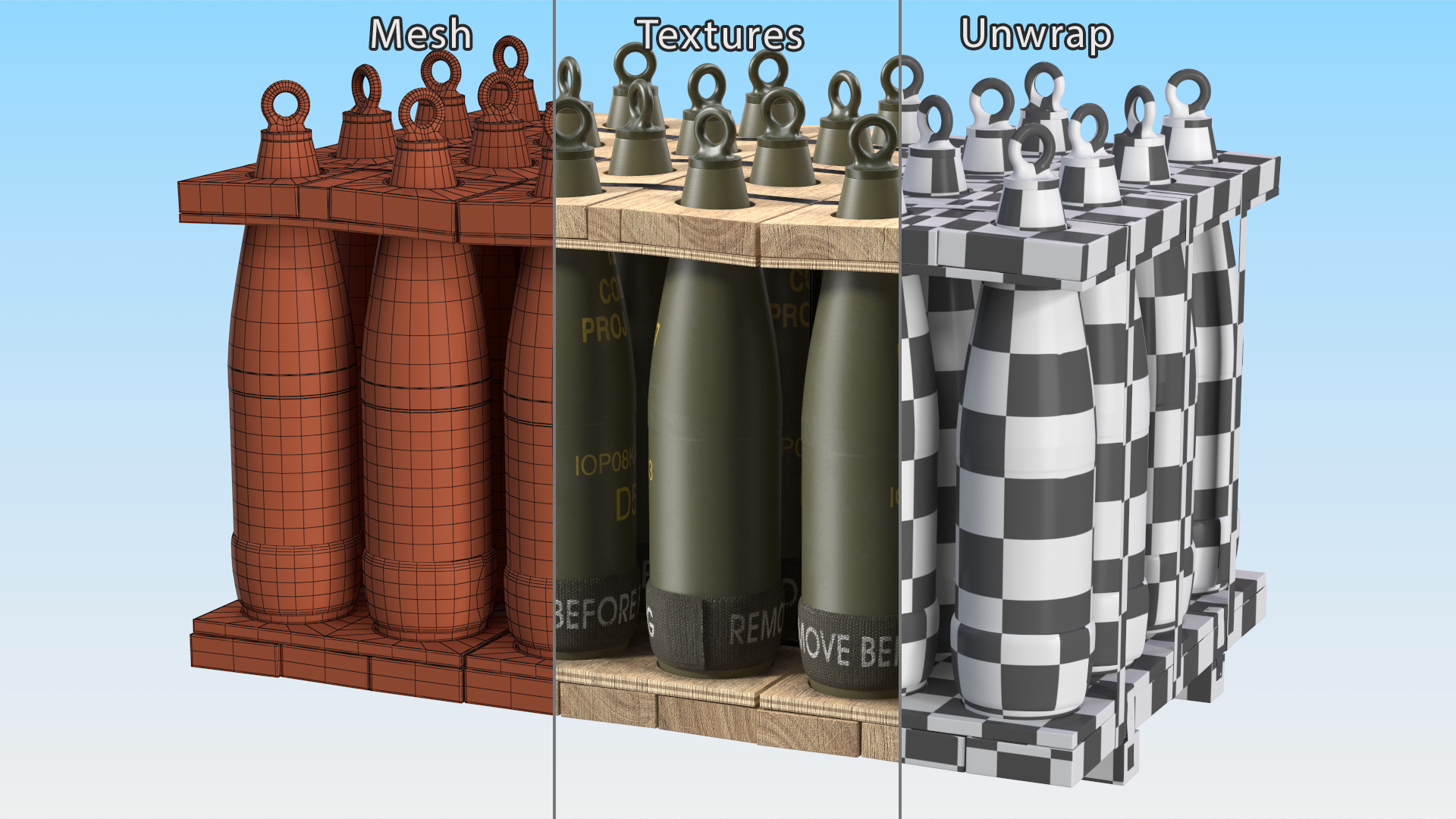 3D Military Mortar Shells 155mm in Two Sided Pallet model