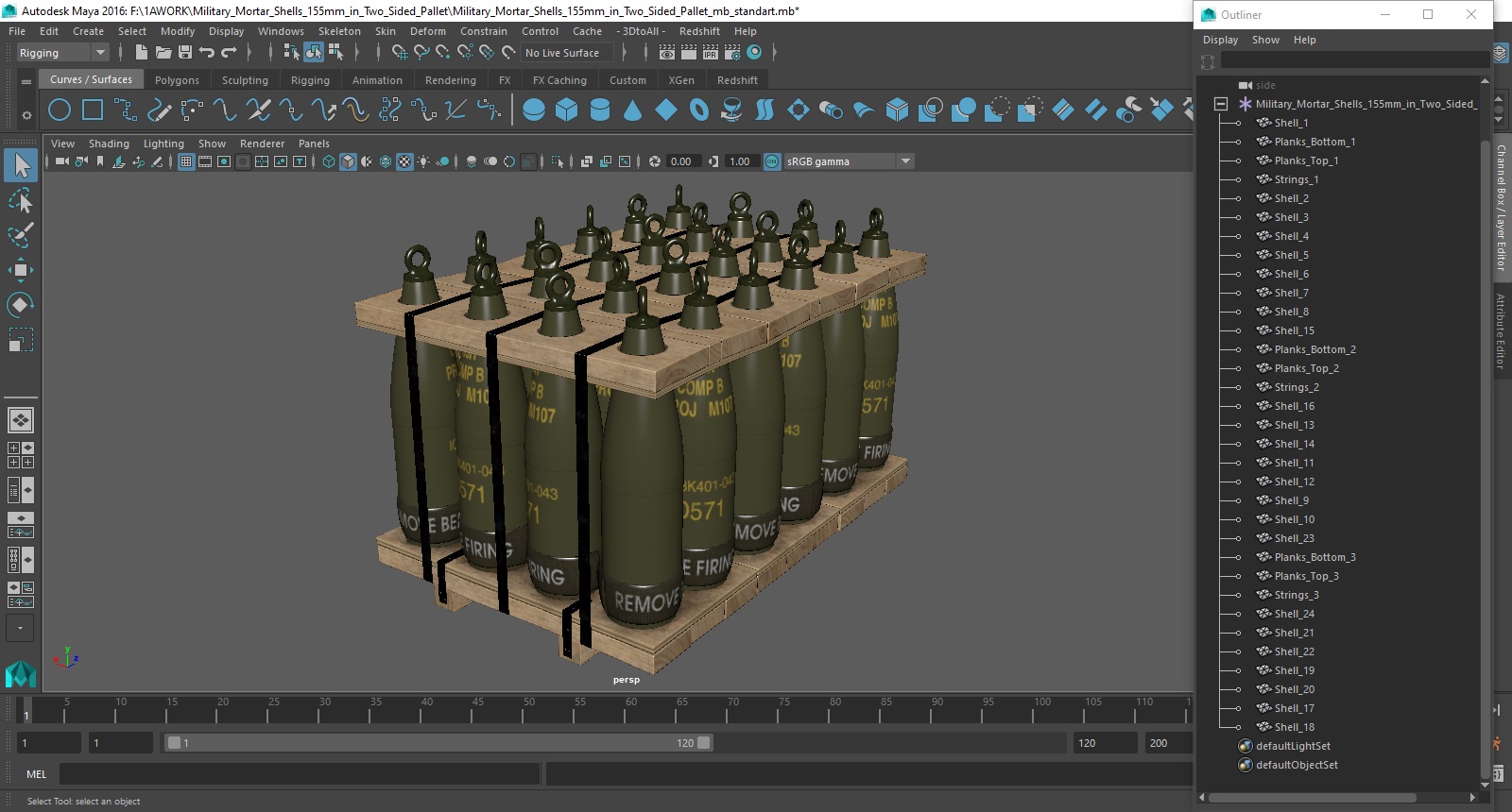 3D Military Mortar Shells 155mm in Two Sided Pallet model
