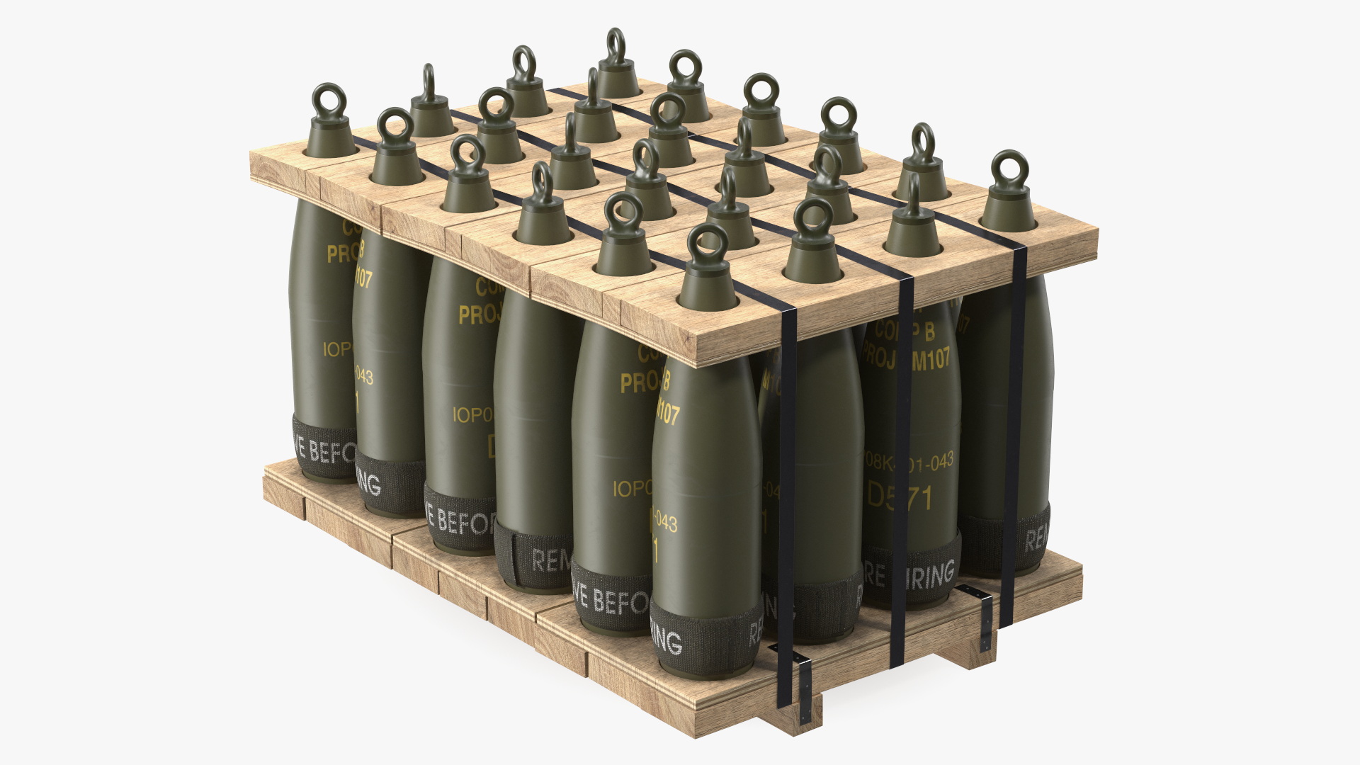 3D Military Mortar Shells 155mm in Two Sided Pallet model