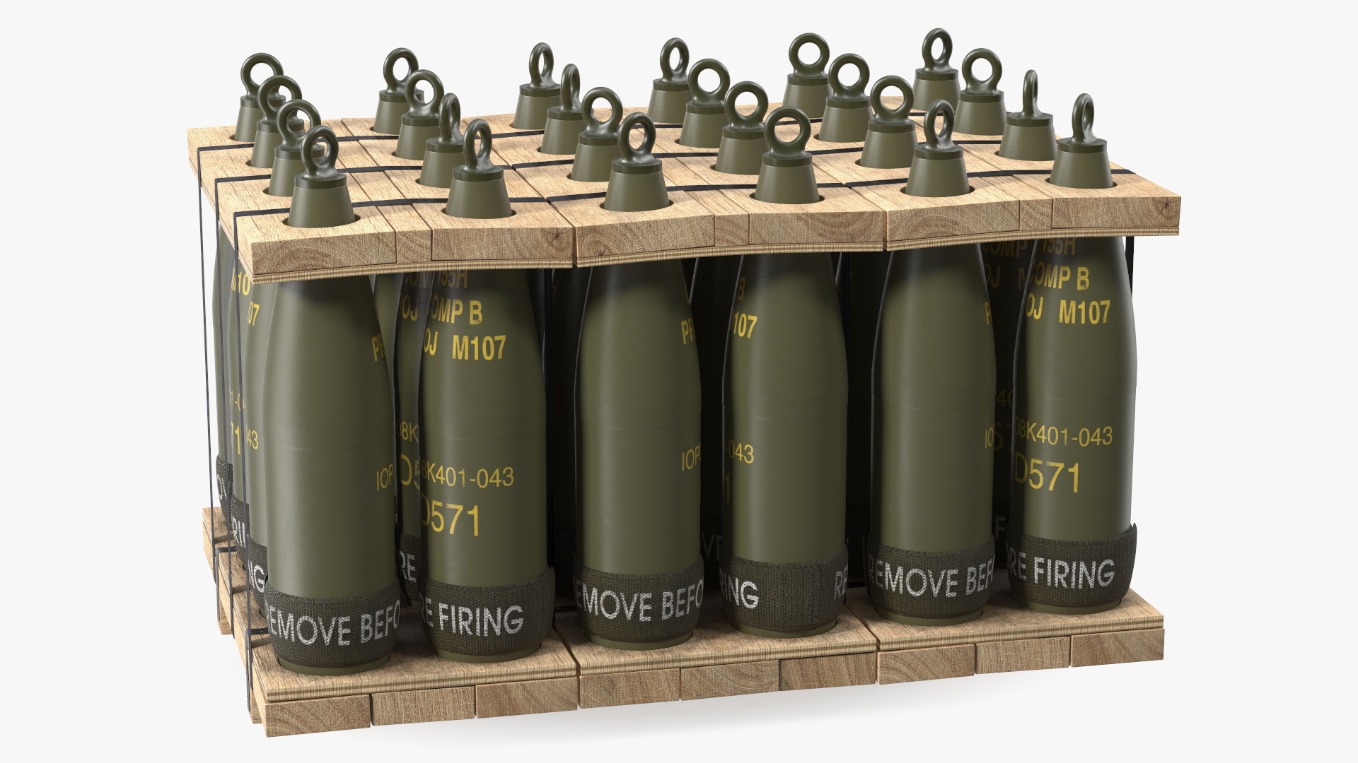 3D Military Mortar Shells 155mm in Two Sided Pallet model
