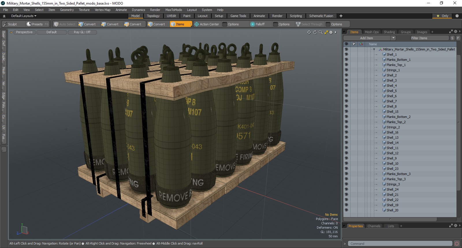 3D Military Mortar Shells 155mm in Two Sided Pallet model