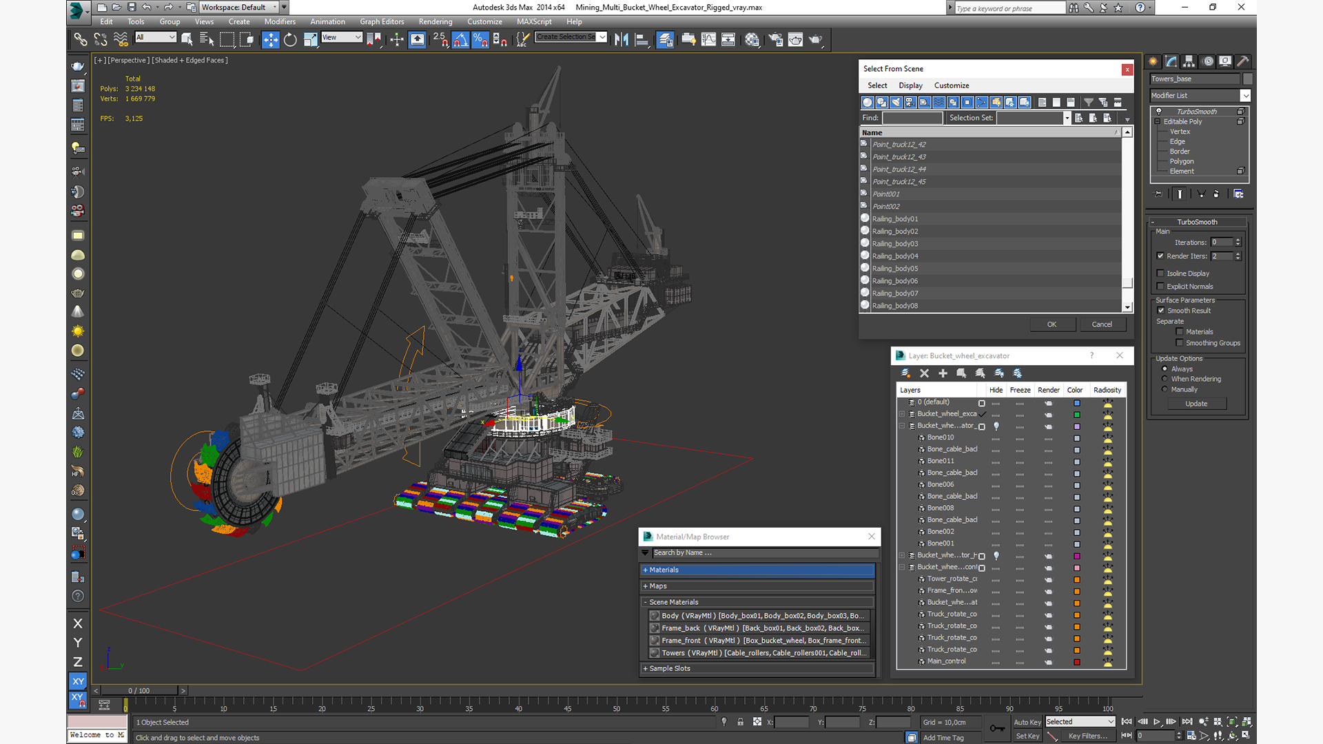 3D Mining Multi Bucket Wheel Excavator Rigged for Maya
