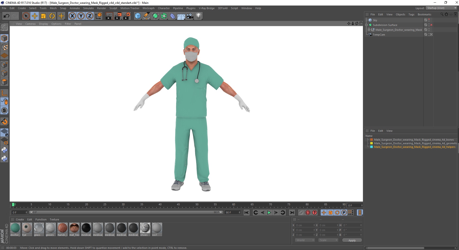 3D Male Surgeon Doctor wearing Mask Rigged for Cinema 4D model