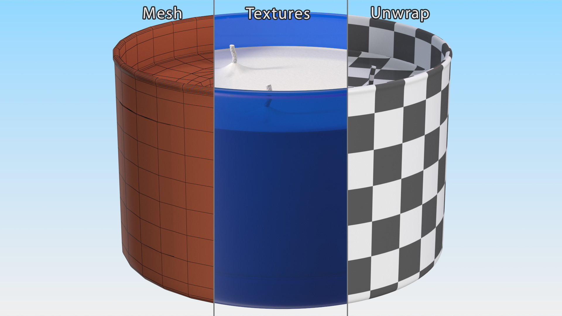 Scented Candle Blue with Label and 3 Wicks 3D
