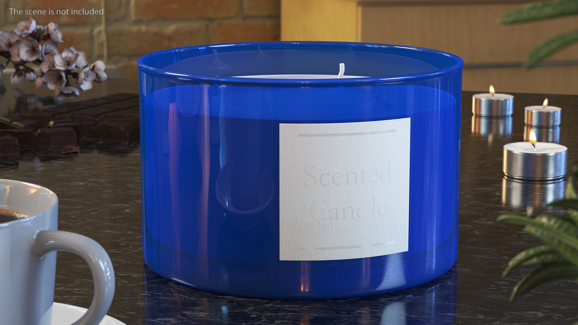 Scented Candle Blue with Label and 3 Wicks 3D