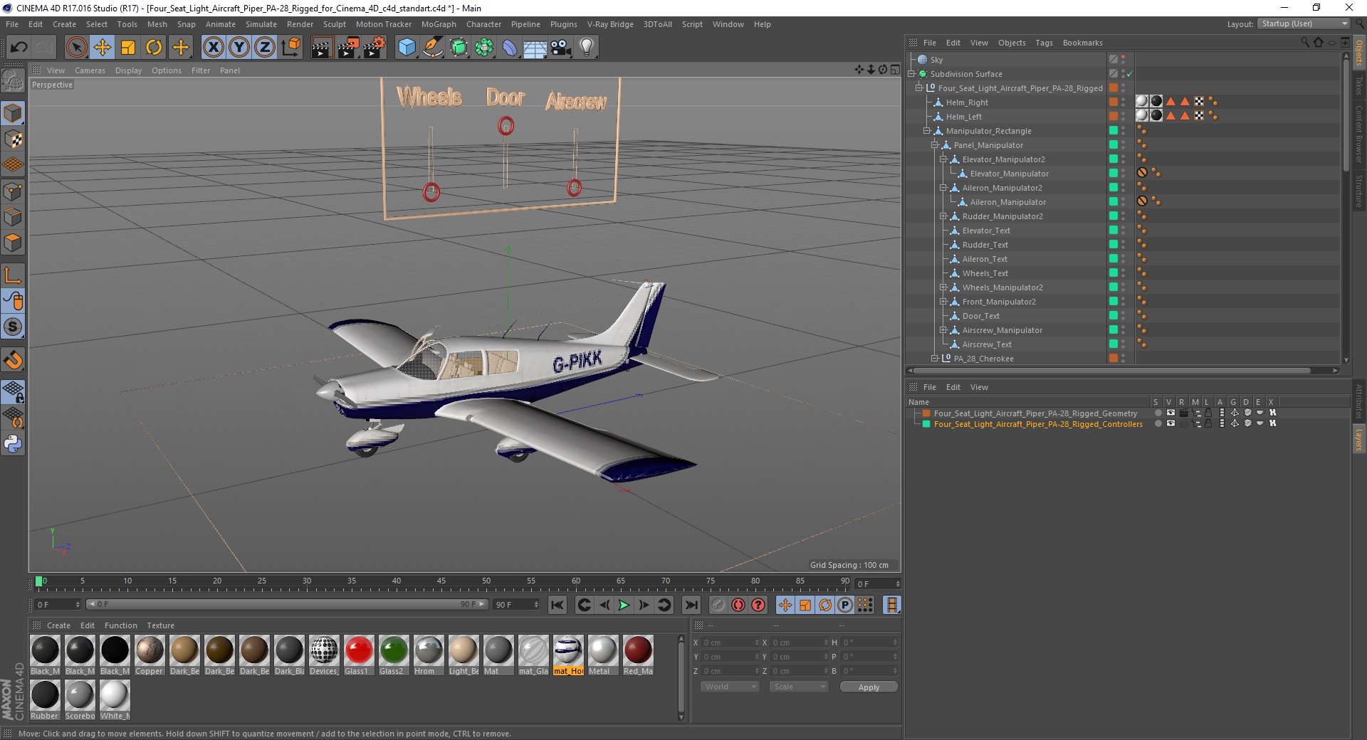 Four Seat Light Aircraft Piper PA-28 Rigged for Cinema 4D 3D