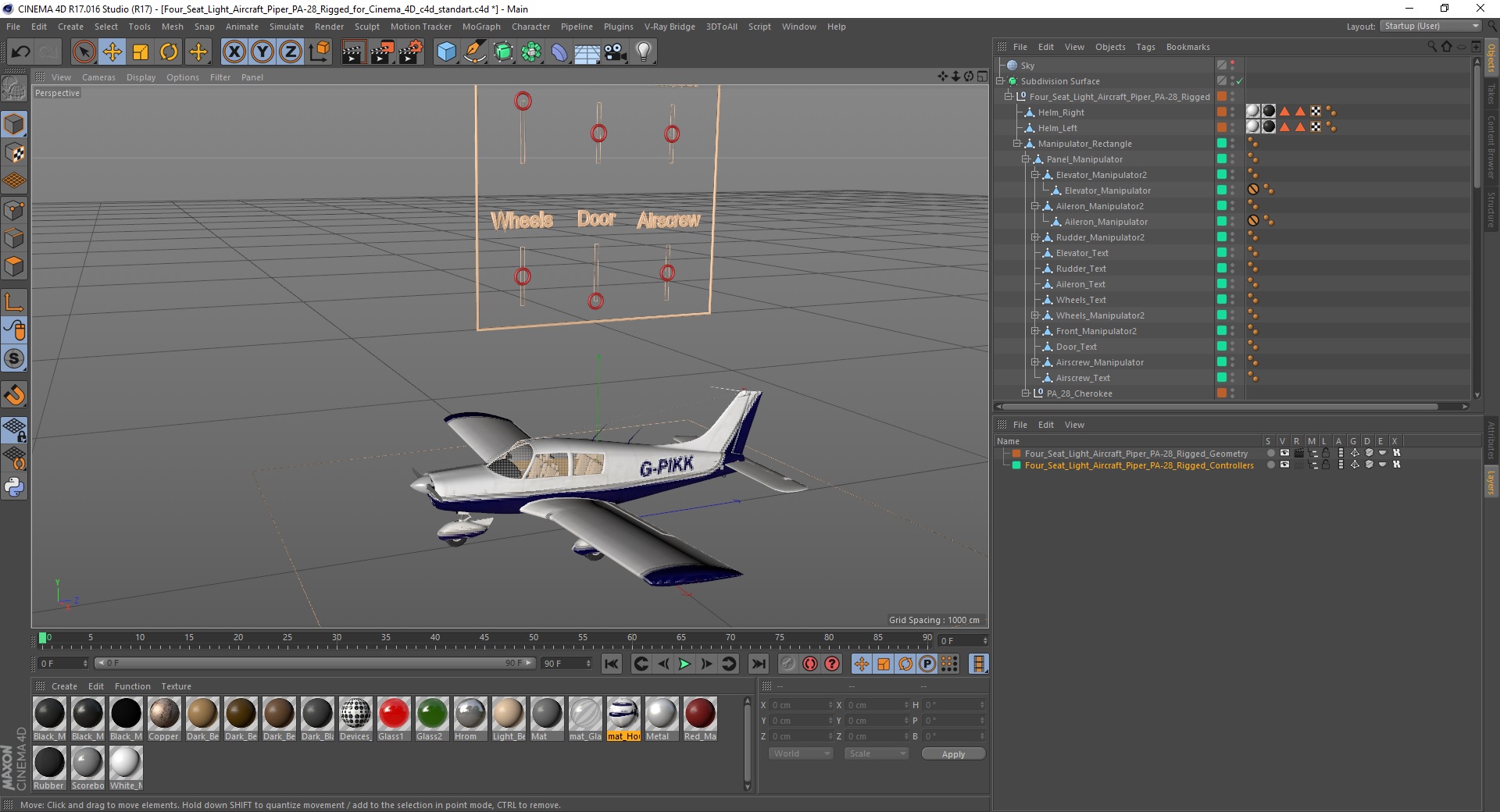 Four Seat Light Aircraft Piper PA-28 Rigged for Cinema 4D 3D