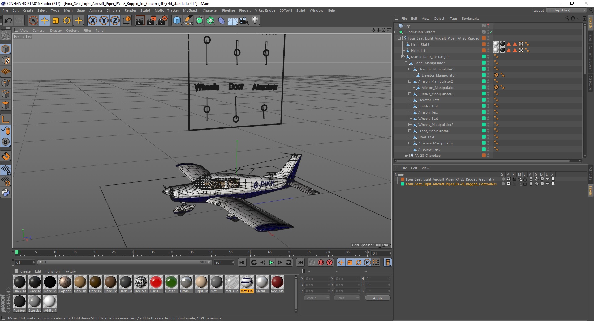Four Seat Light Aircraft Piper PA-28 Rigged for Cinema 4D 3D