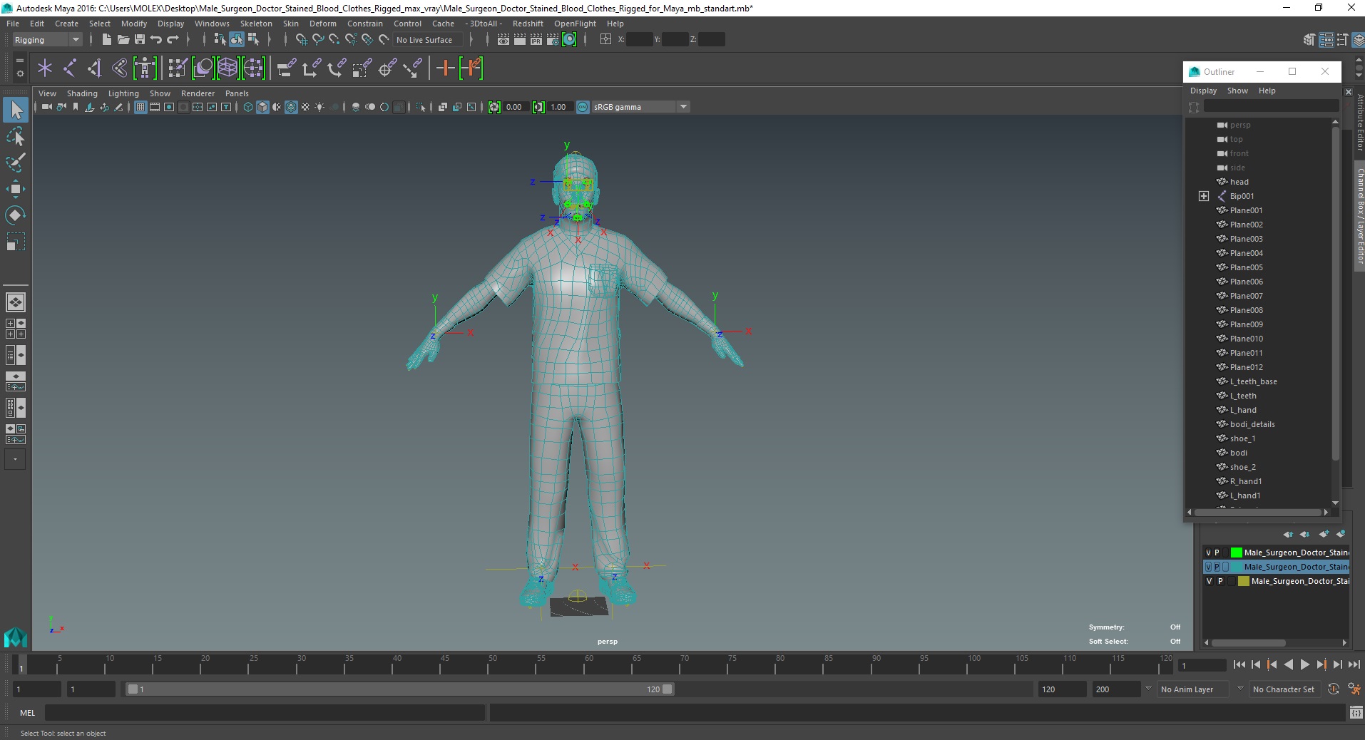 Male Surgeon Doctor Stained Blood Clothes Rigged for Maya 3D