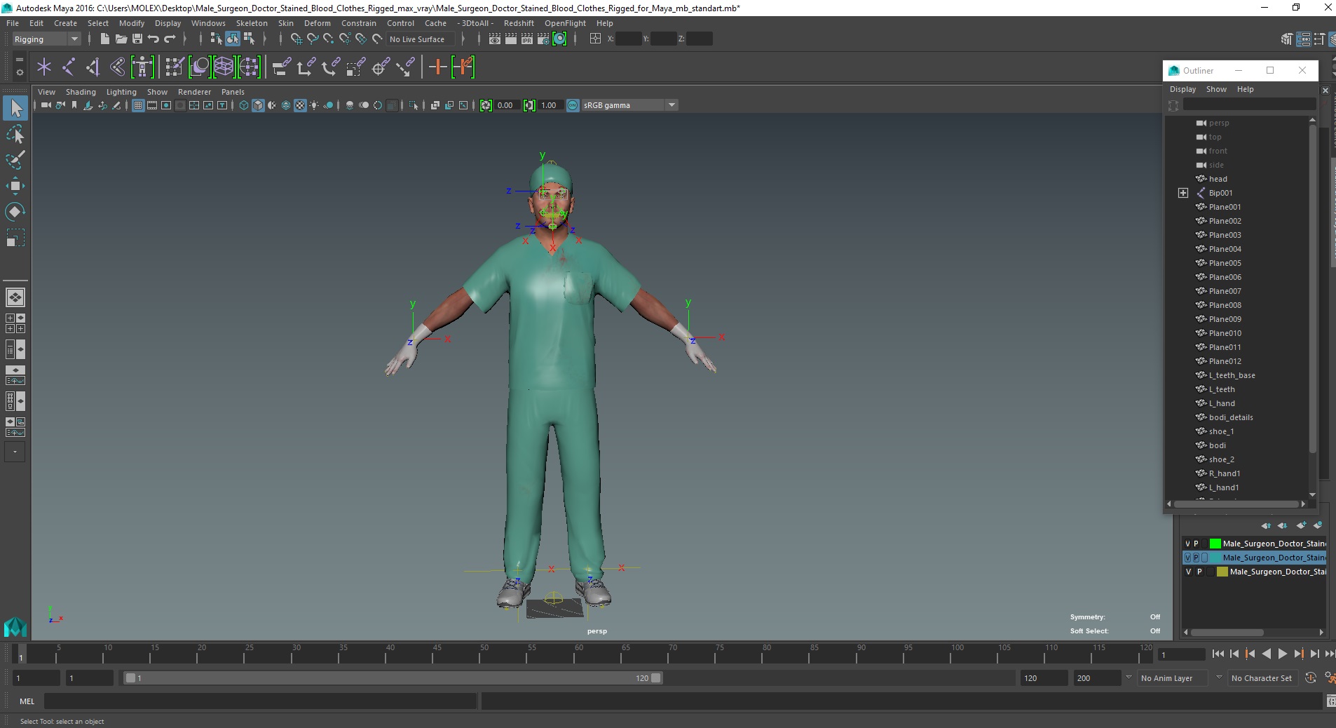Male Surgeon Doctor Stained Blood Clothes Rigged for Maya 3D