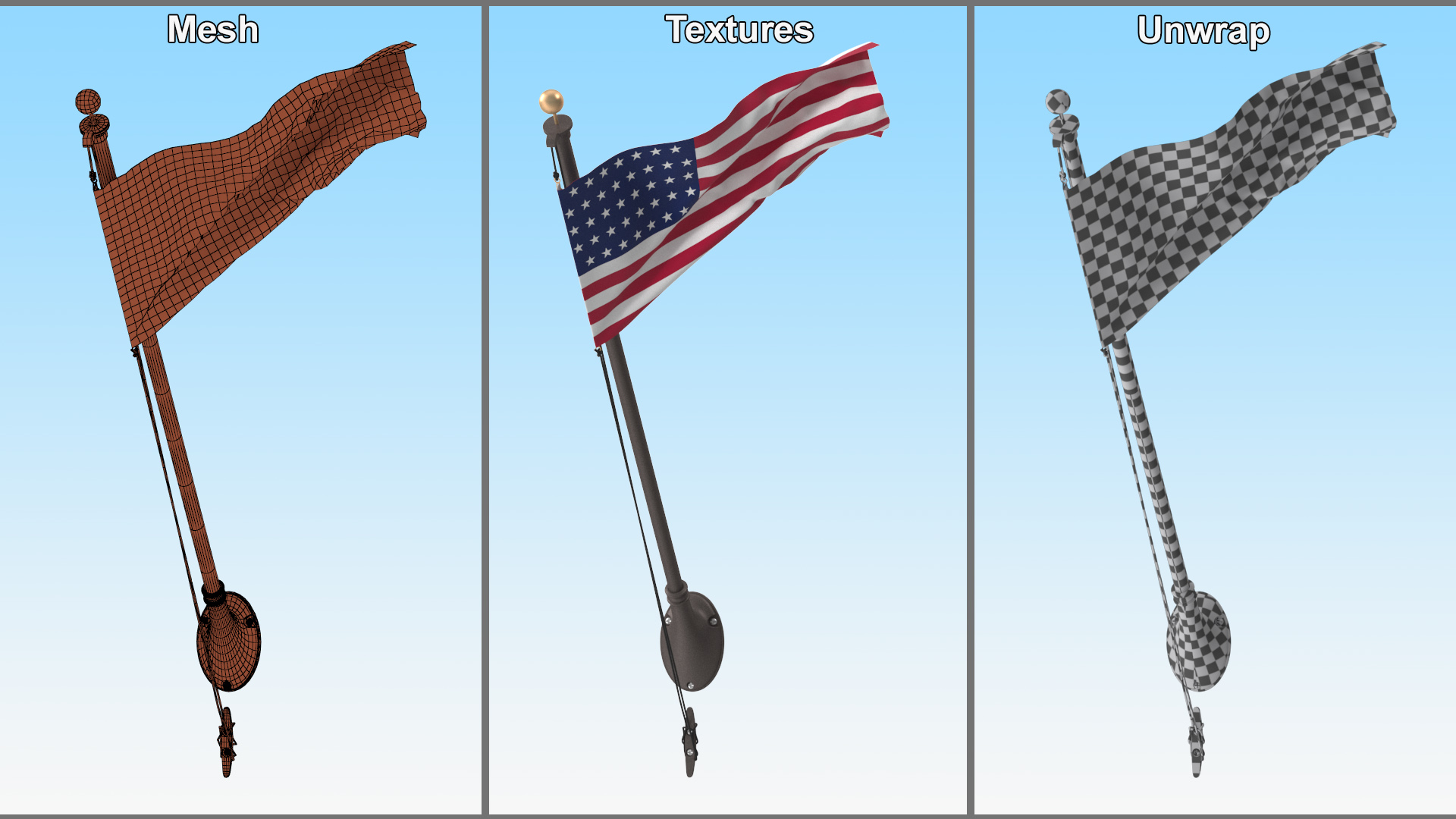 3D USA Flag on Wall Pole