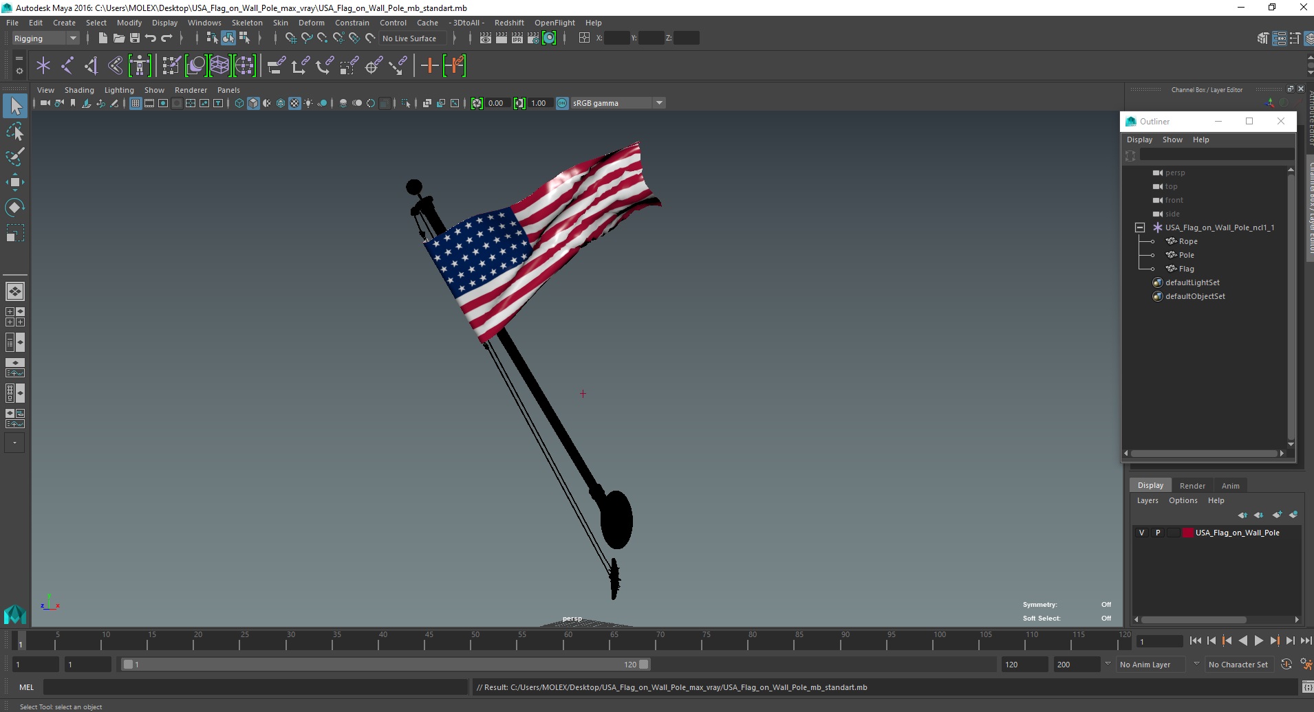 3D USA Flag on Wall Pole