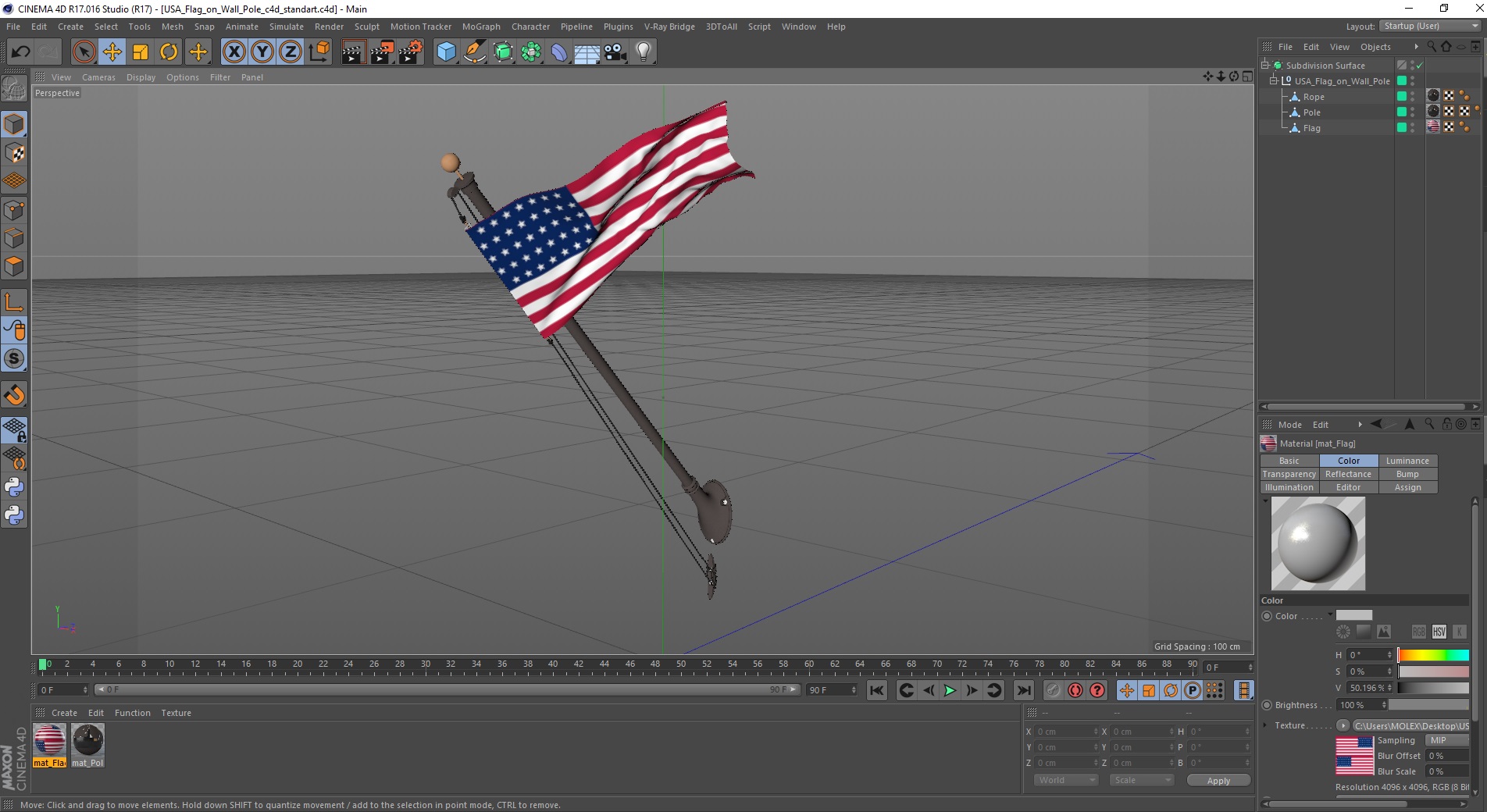 3D USA Flag on Wall Pole