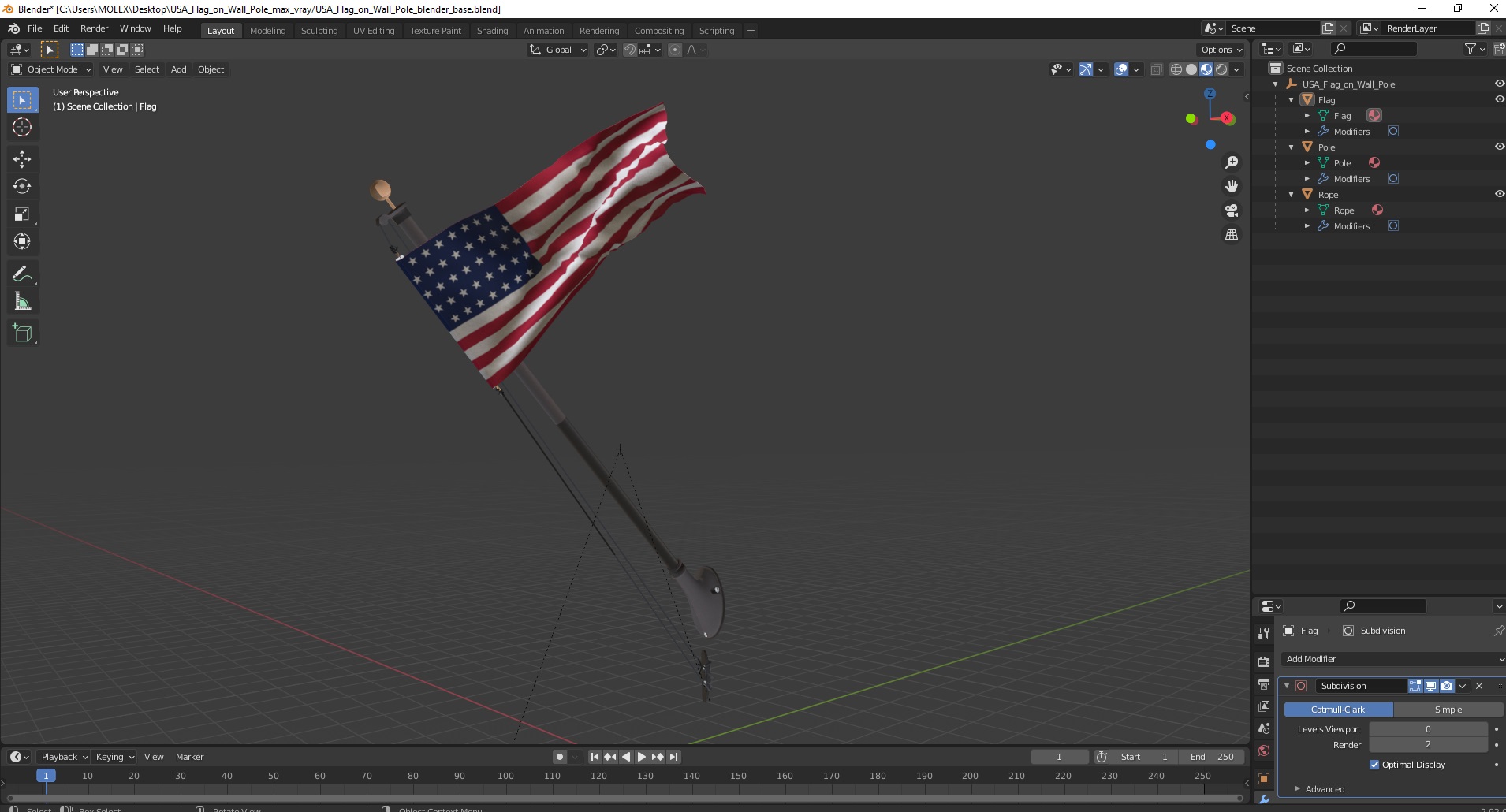 3D USA Flag on Wall Pole