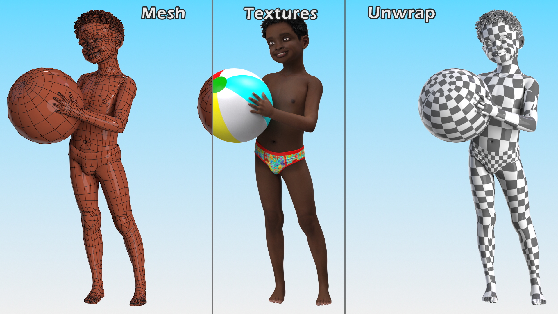 3D model Black Child Boy Holding Ball Beach Style