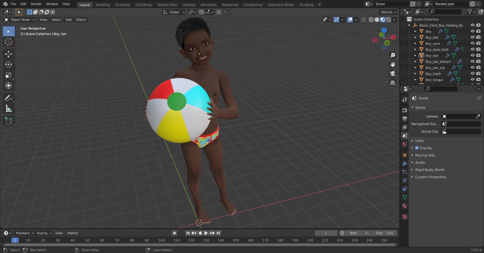 3D model Black Child Boy Holding Ball Beach Style