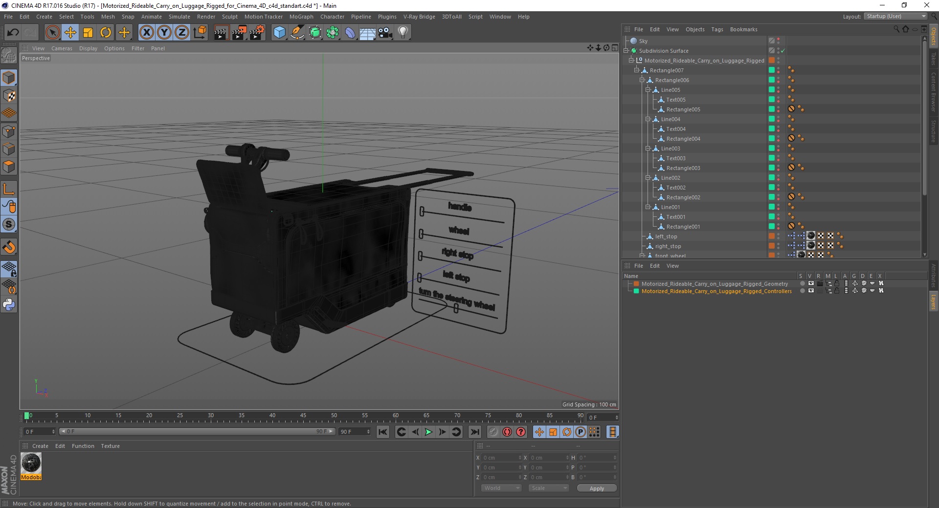 3D Motorized Rideable Carry on Luggage Rigged for Cinema 4D