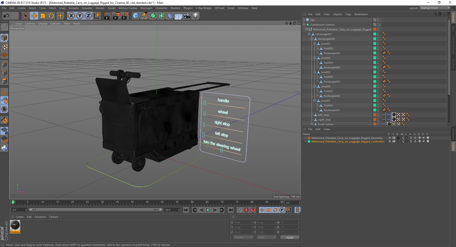 3D Motorized Rideable Carry on Luggage Rigged for Cinema 4D