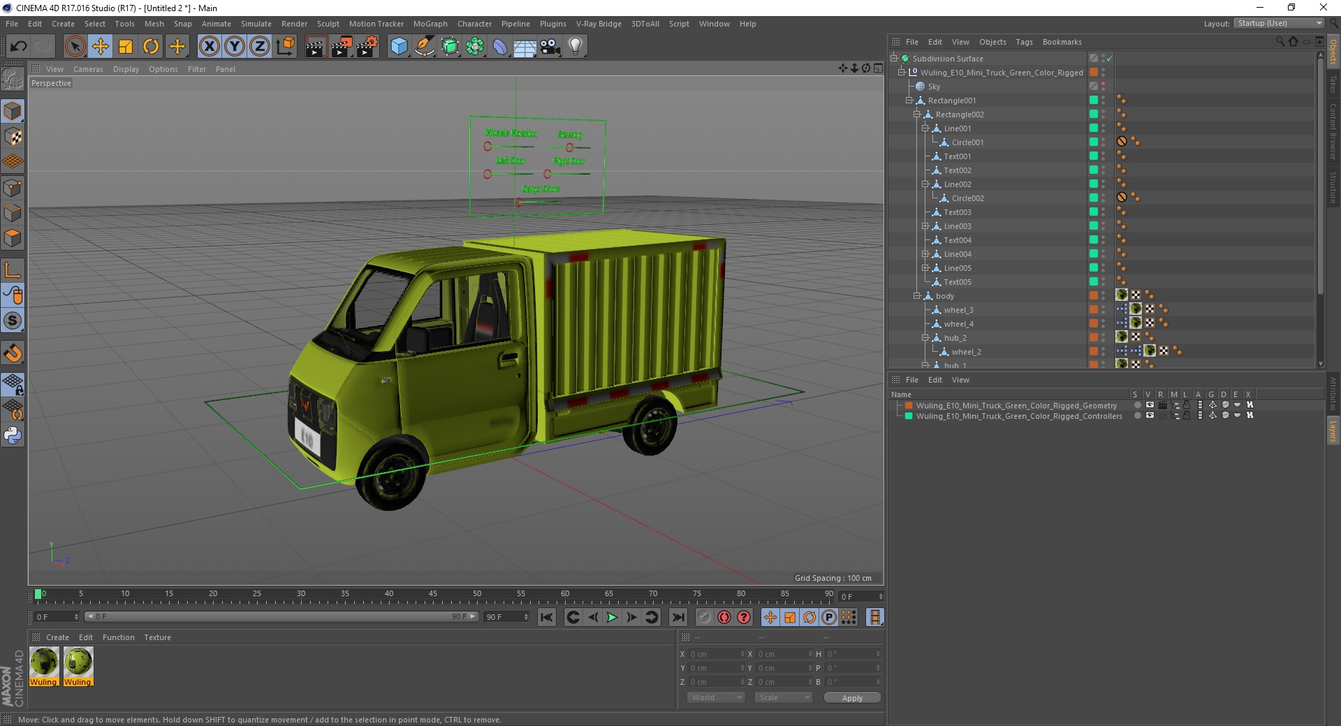 Wuling E10 Mini Truck Green Color Rigged for Cinema 4D 3D model