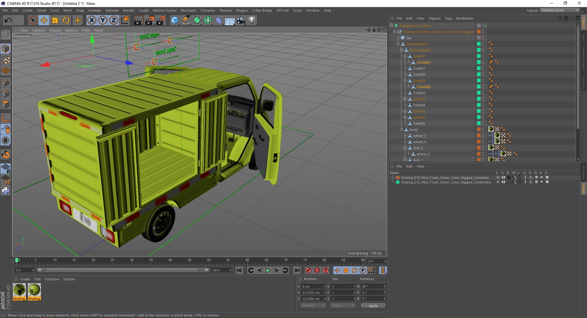 Wuling E10 Mini Truck Green Color Rigged for Cinema 4D 3D model