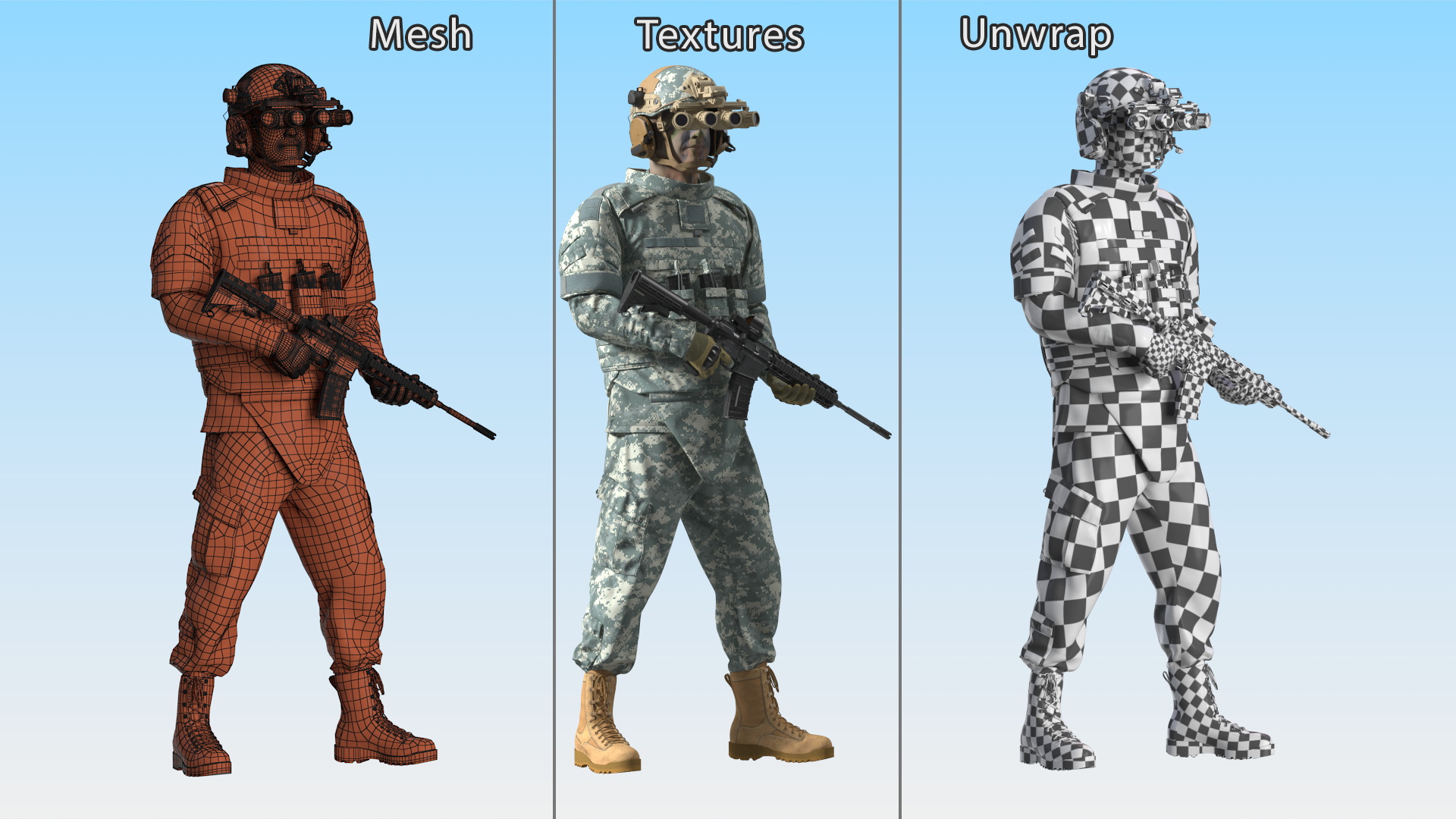 3D model Soldier in Night Vision Goggles Grey Camo Standing