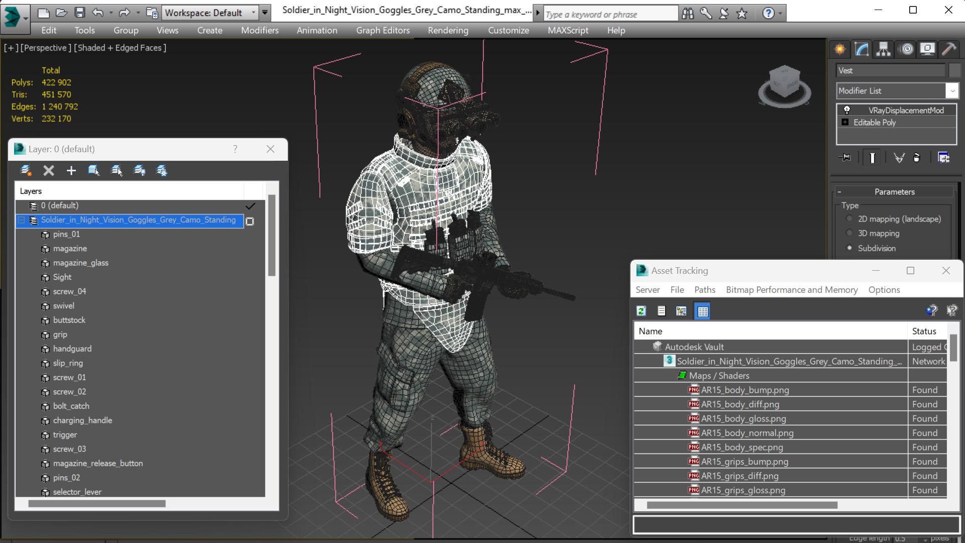 3D model Soldier in Night Vision Goggles Grey Camo Standing