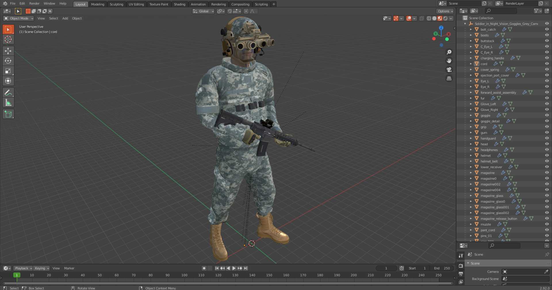 3D model Soldier in Night Vision Goggles Grey Camo Standing