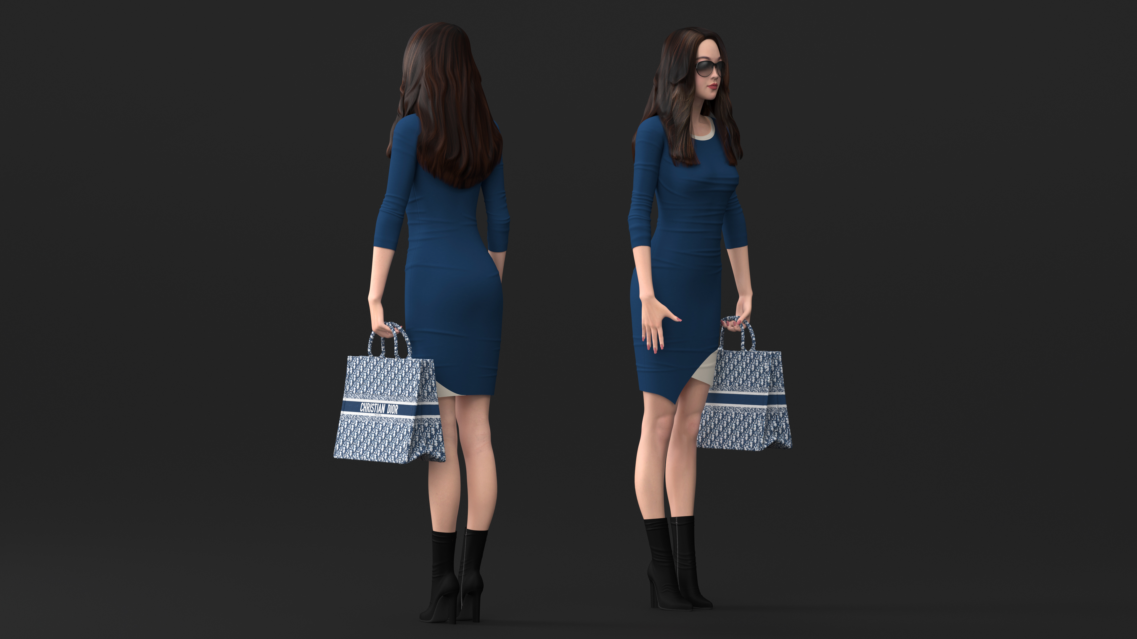 3D Woman Holding Navy Blue Embroidery Dior Tote Bag model