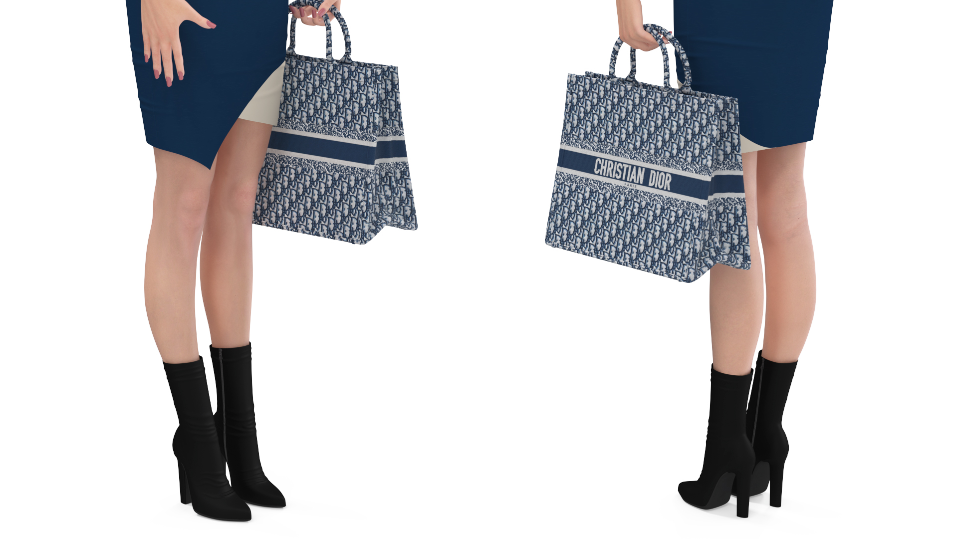3D Woman Holding Navy Blue Embroidery Dior Tote Bag model