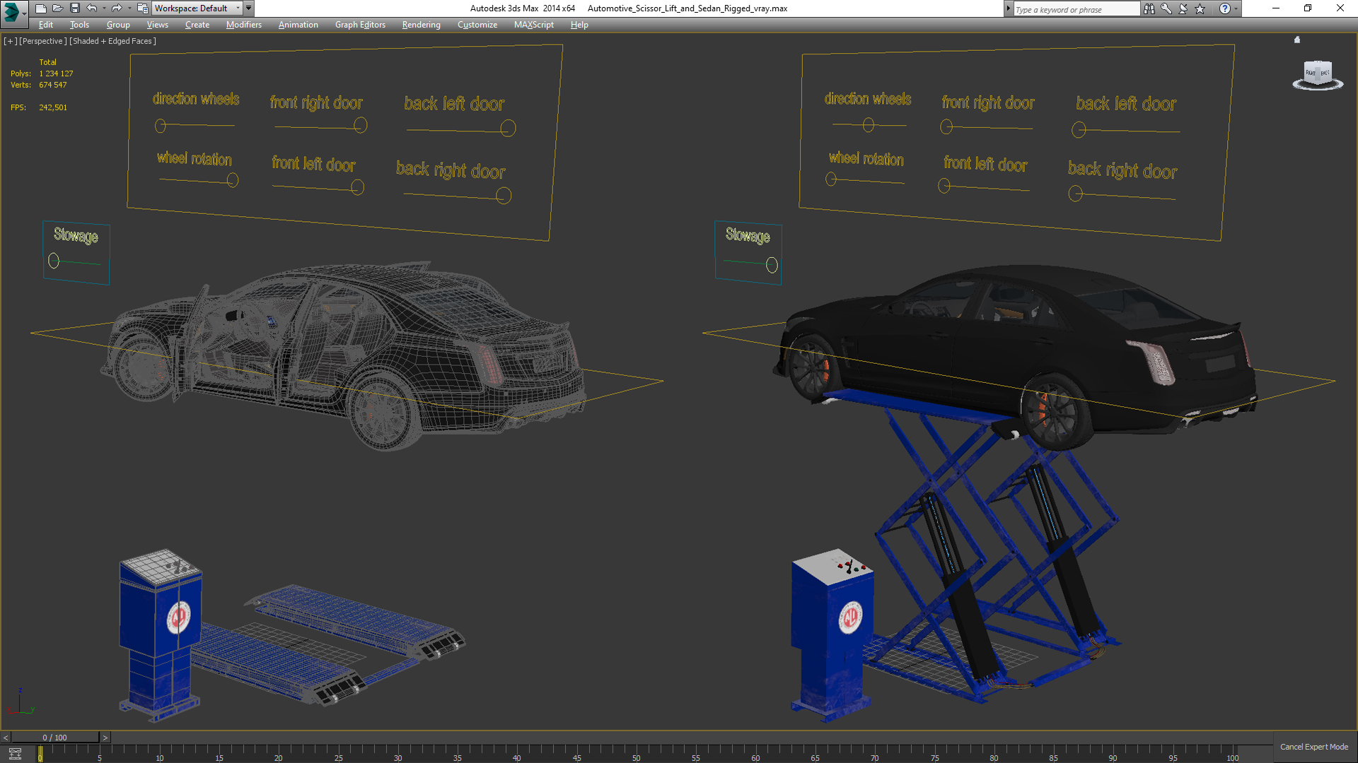 3D model Automotive Scissor Lift and Sedan Rigged