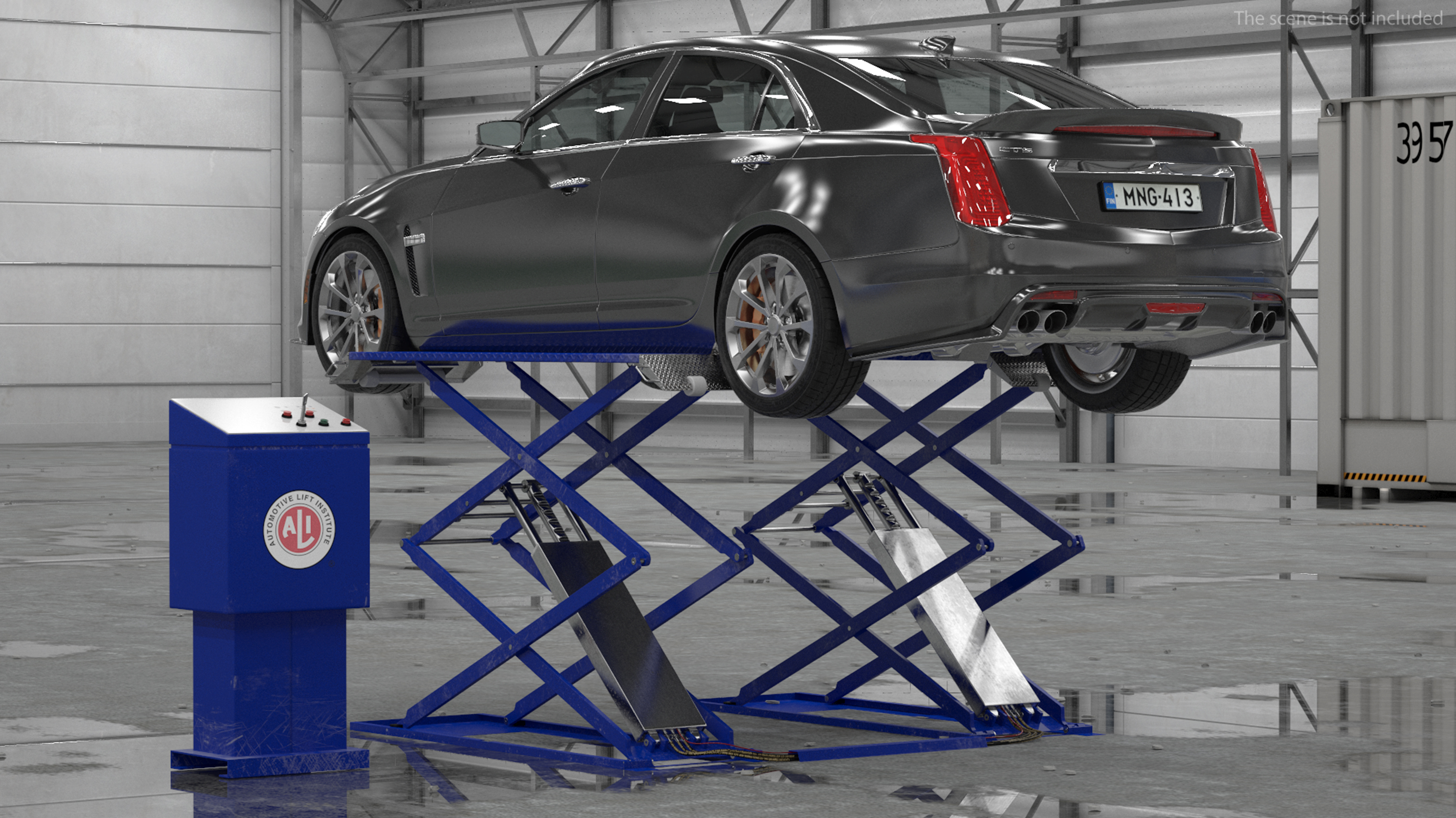 3D model Automotive Scissor Lift and Sedan Rigged