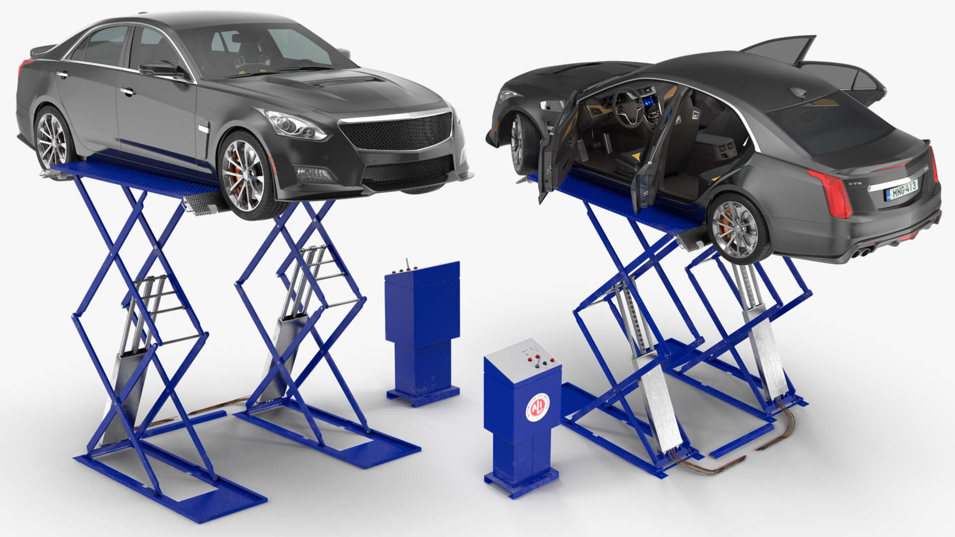3D model Automotive Scissor Lift and Sedan Rigged