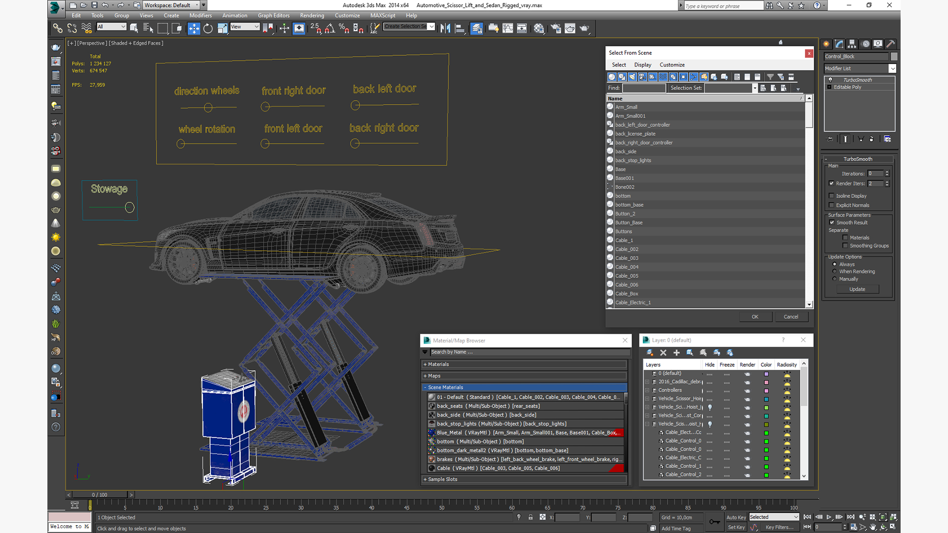 3D model Automotive Scissor Lift and Sedan Rigged