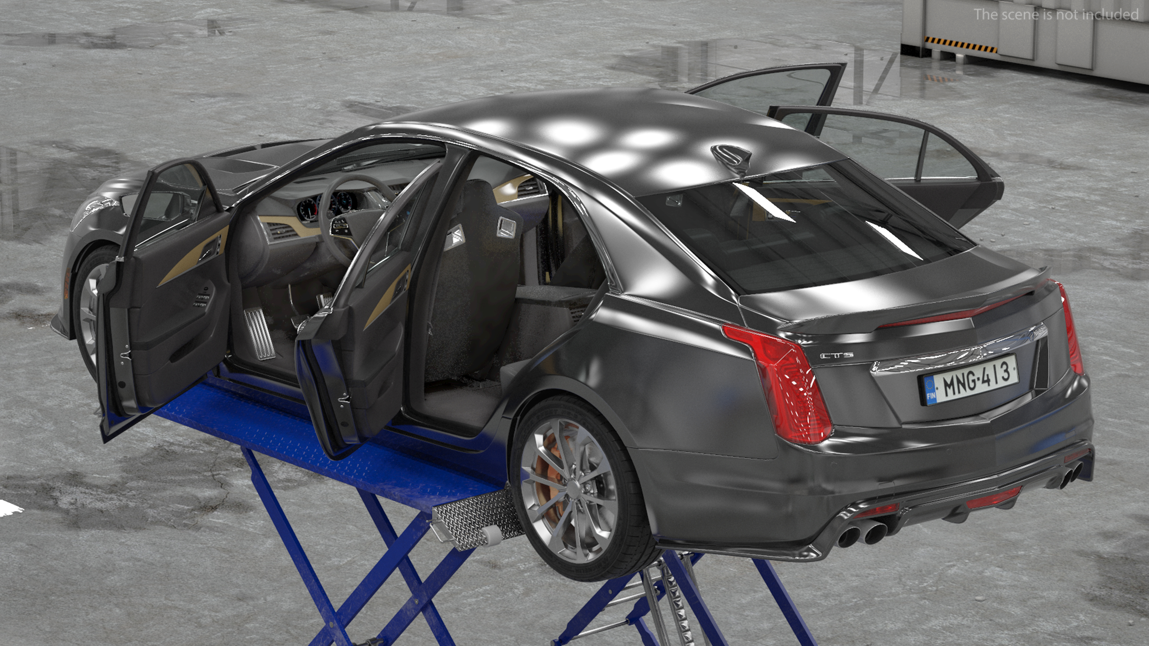 3D model Automotive Scissor Lift and Sedan Rigged