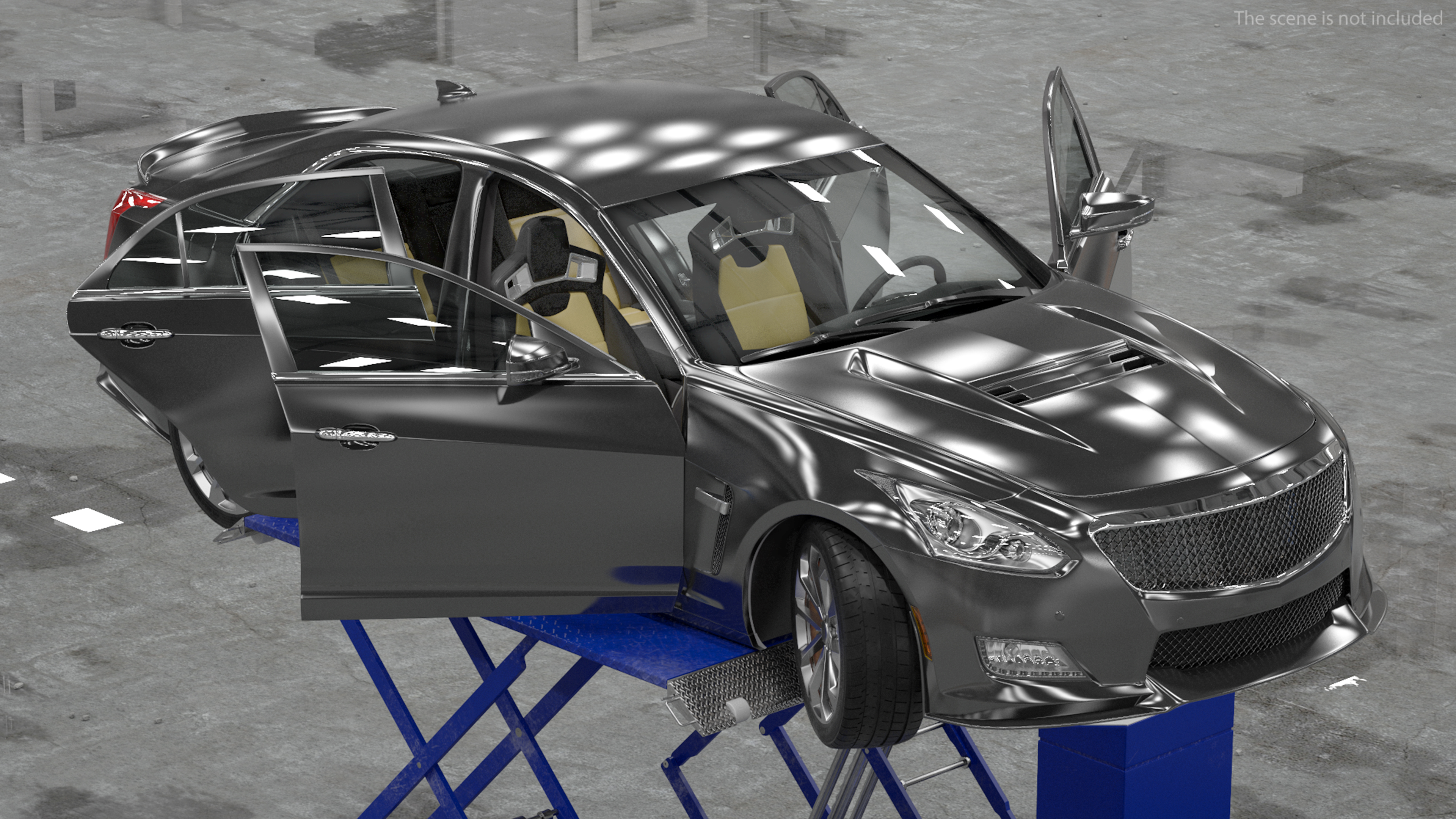 3D model Automotive Scissor Lift and Sedan Rigged
