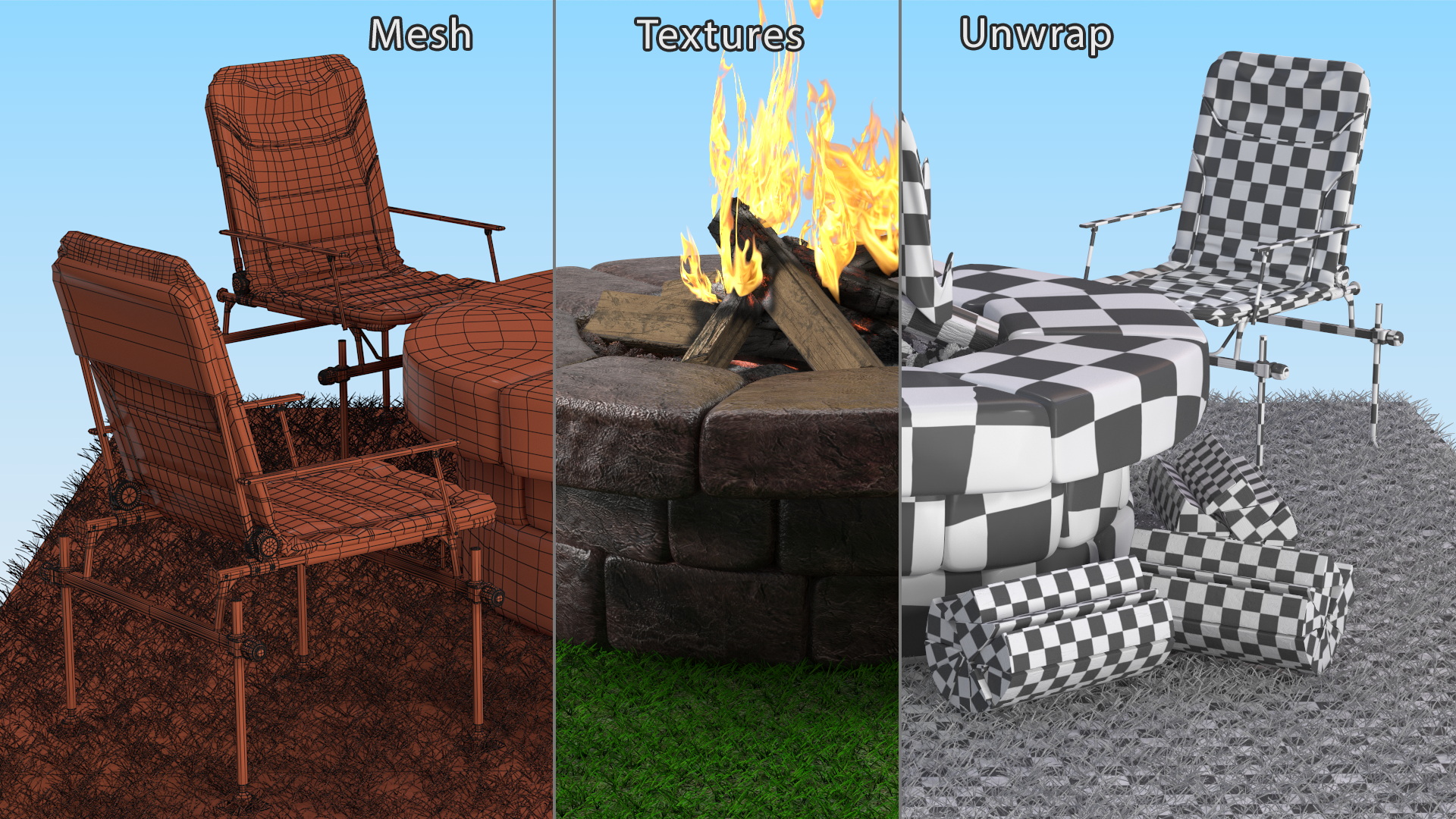 3D model Outdoor Bonfire with Camping Chairs