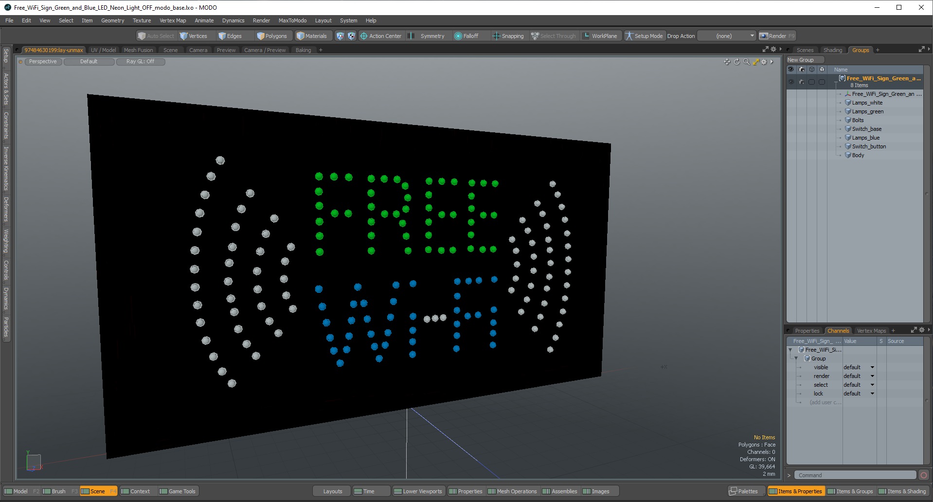 3D Free WiFi Sign Green and Blue LED Neon Light OFF model