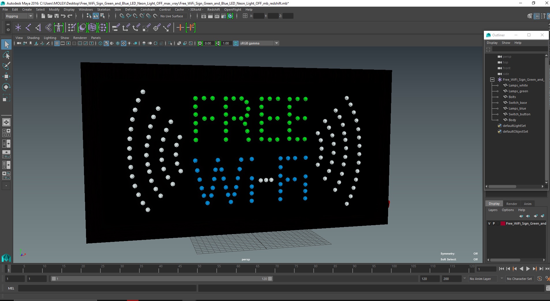 3D Free WiFi Sign Green and Blue LED Neon Light OFF model